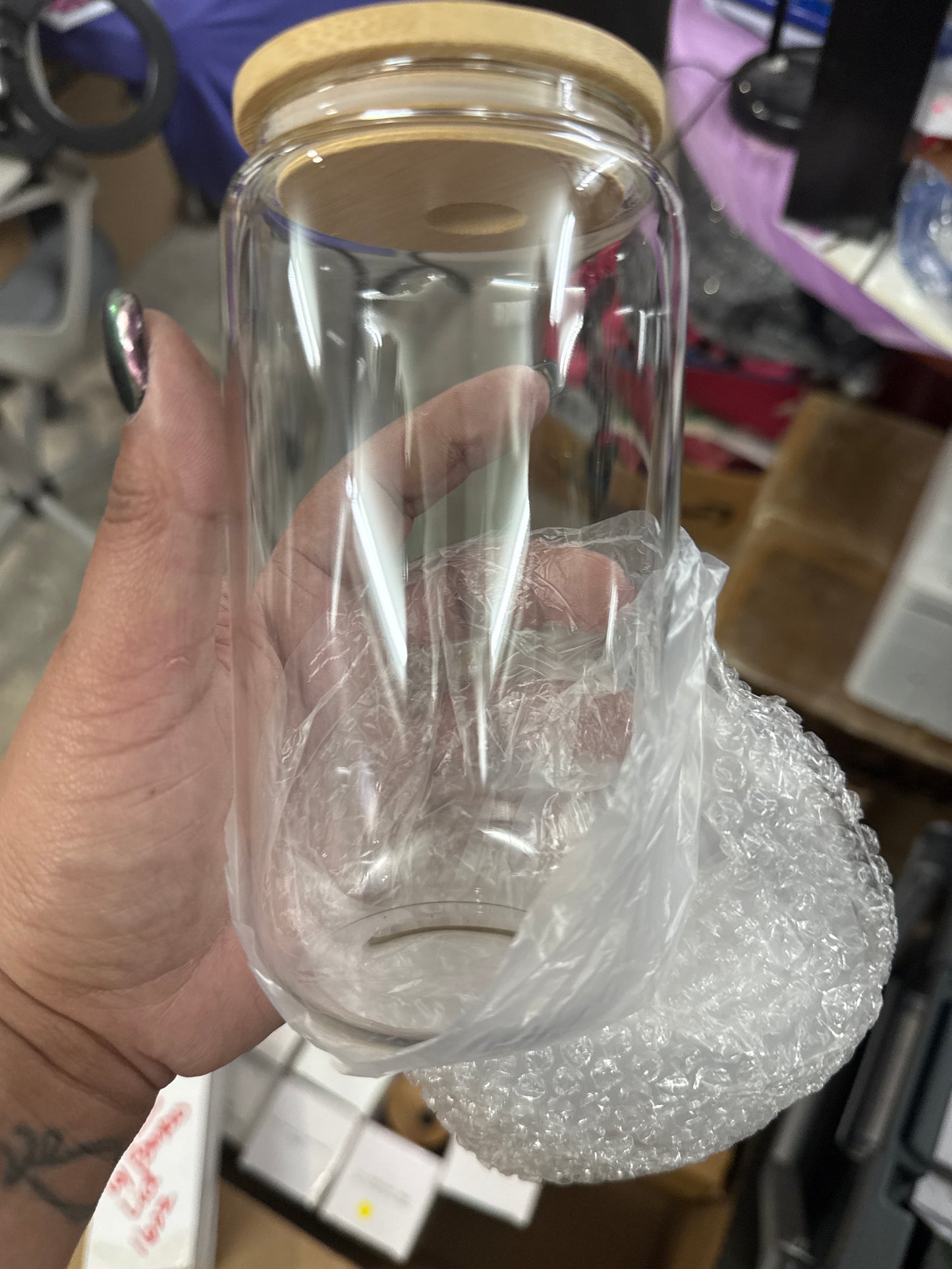Destash 16oz Clear Glass Bamboo Lid