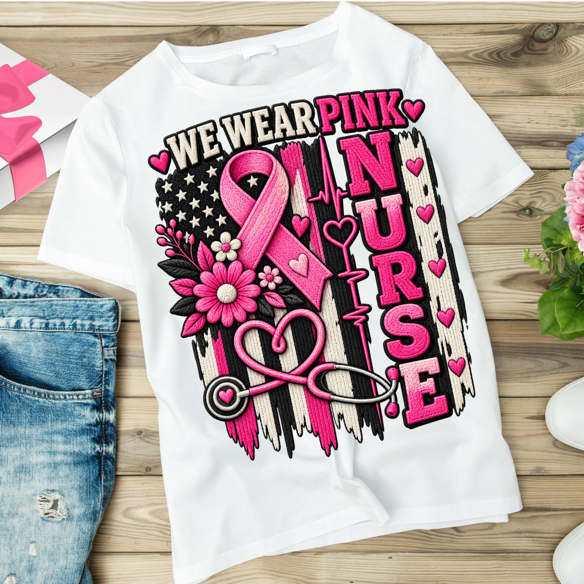 We Wear Pink Nurse Ribbon Floral Flag