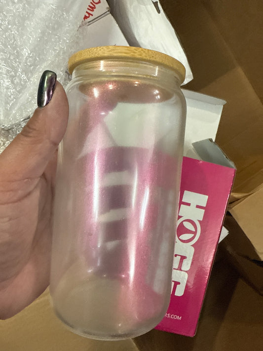 Destash 16oz Pink Shimmer Glass Bamboo Lid Hogg Sublimation