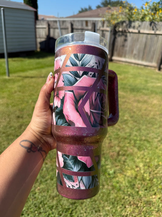 RTS - 40oz with Handle - Roses in Rosé with Gold Flakes