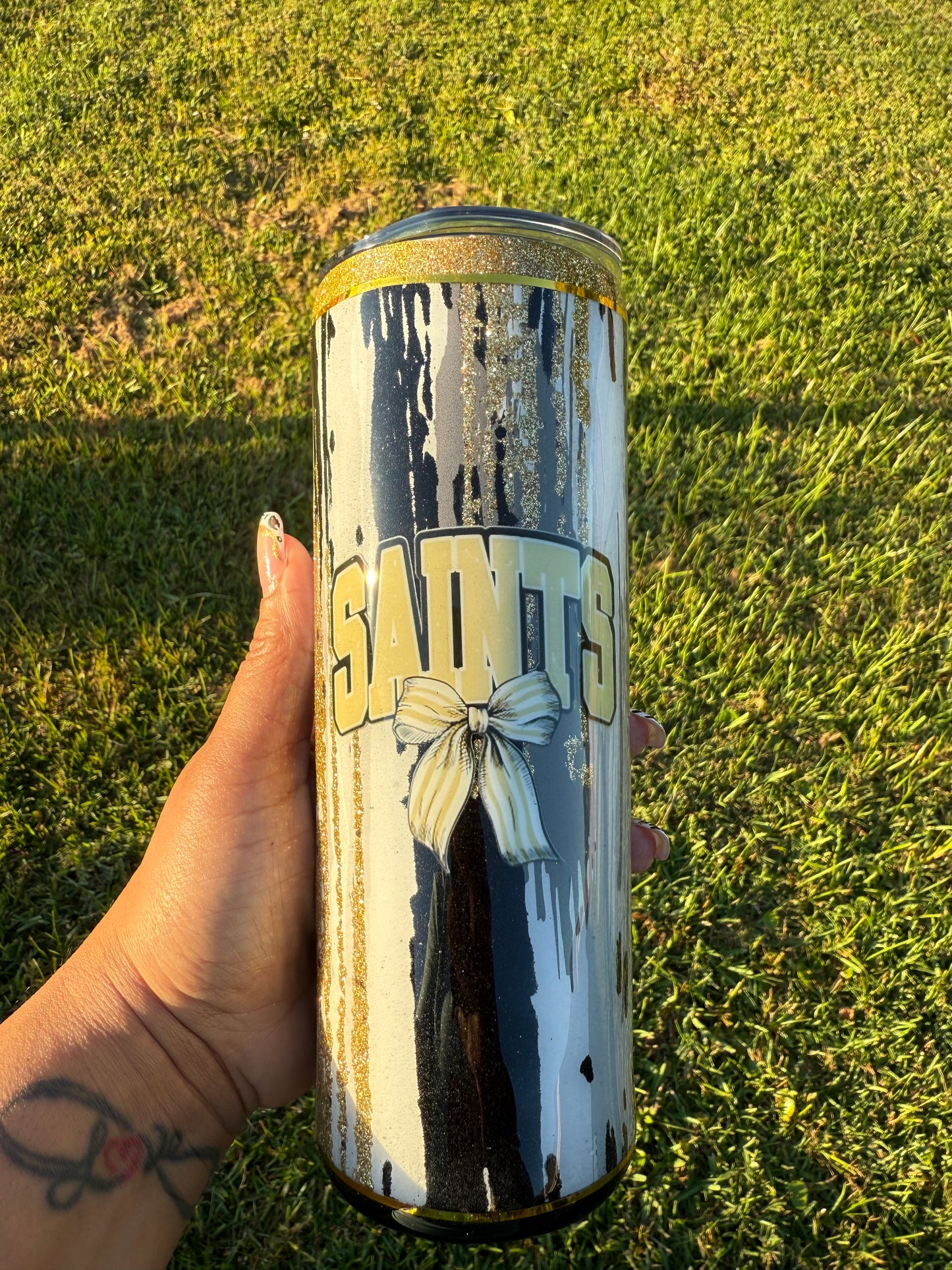 RTS - 20oz Black and Gold Glitter Drizzle "Touch Down" and Bows Tumbler