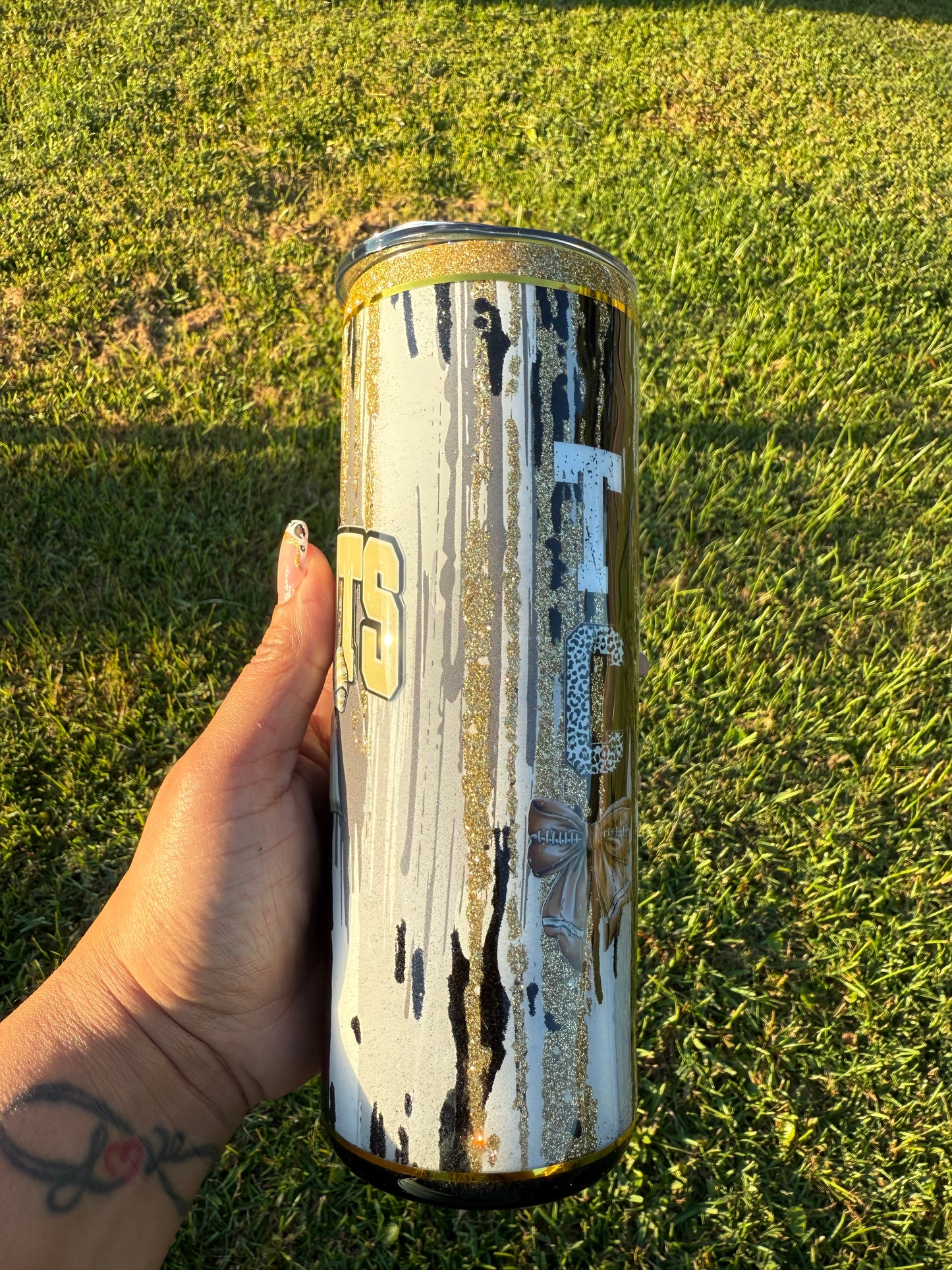 RTS - 20oz Black and Gold Glitter Drizzle "Touch Down" and Bows Tumbler