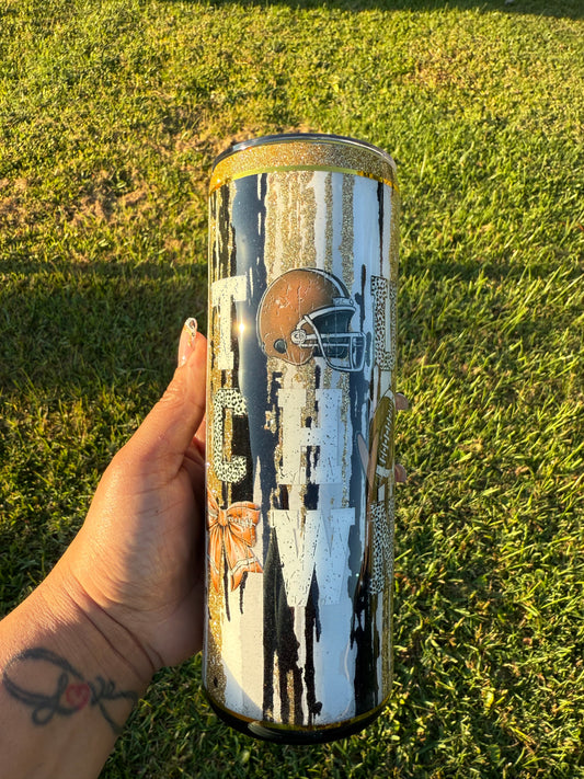 RTS - 20oz Black and Gold Glitter Drizzle "Touch Down" and Bows Tumbler