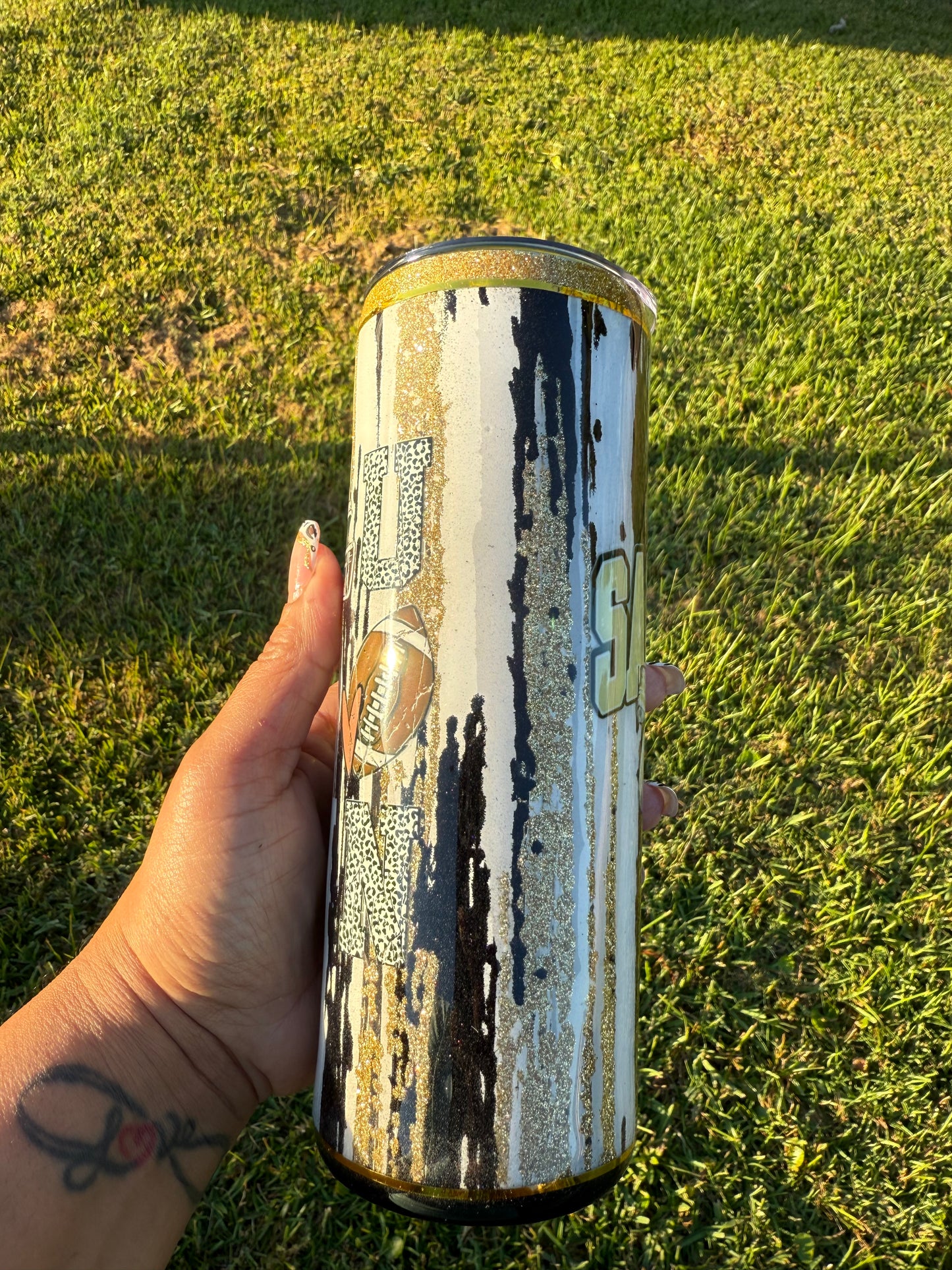 RTS - 20oz Black and Gold Glitter Drizzle "Touch Down" and Bows Tumbler