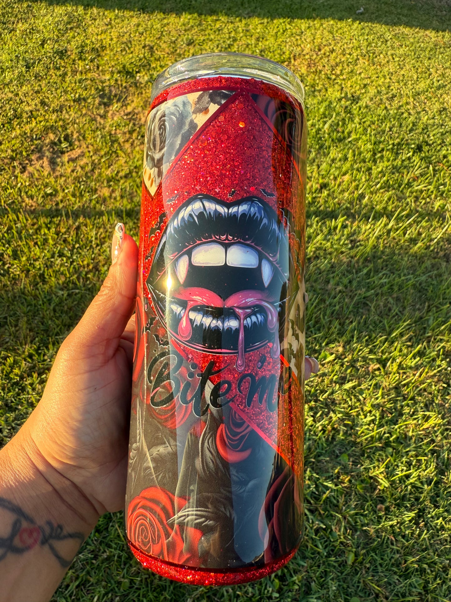 RTS - 25oz "Bite Me" Leopard, Roses, and Skulls Tumbler