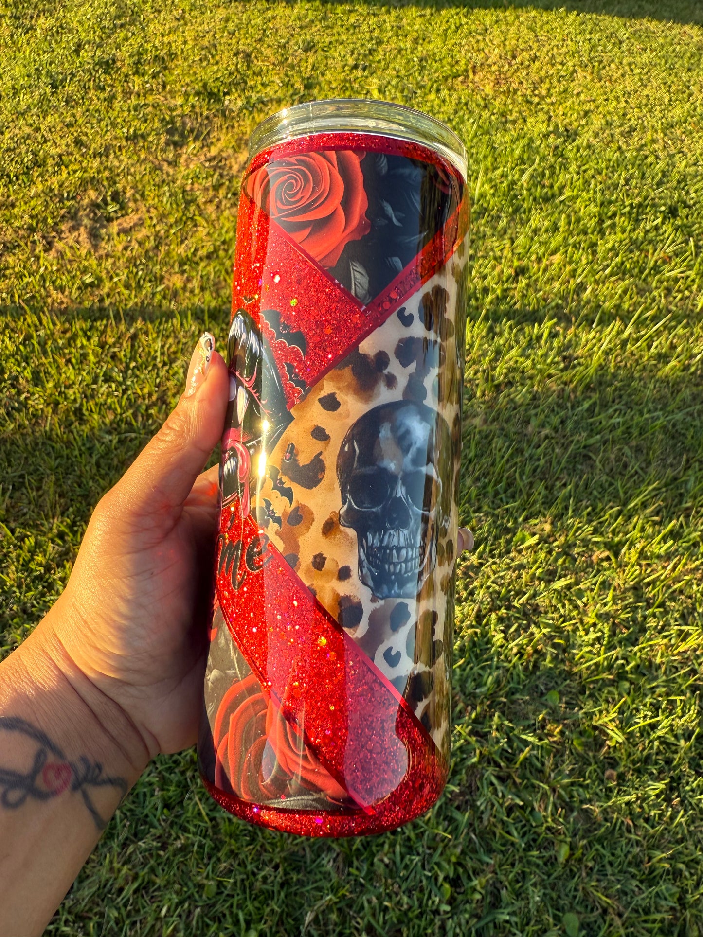 RTS - 25oz "Bite Me" Leopard, Roses, and Skulls Tumbler