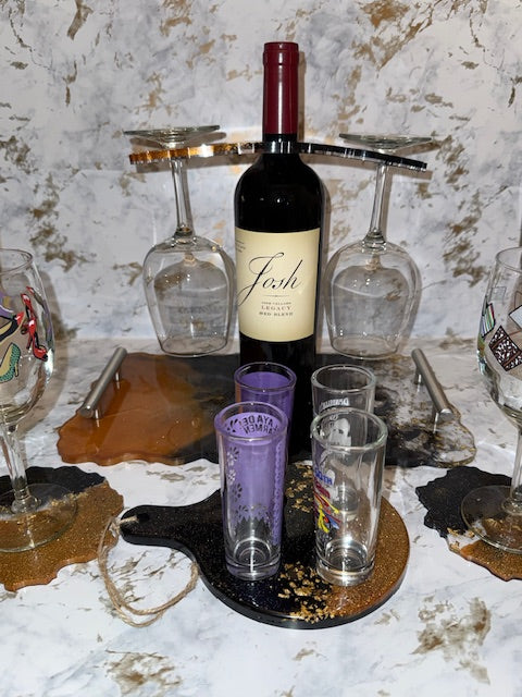 Black & Gold Resin Wine & Shot Glass Tray with Serving Tray & 2 Coasters