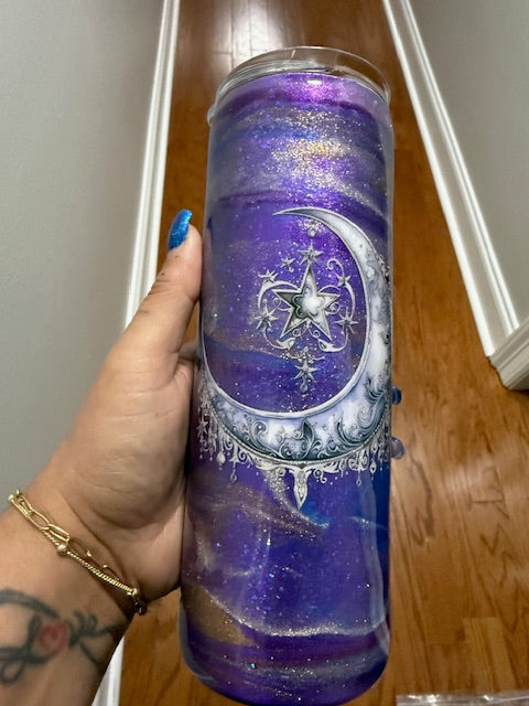 Tumbler - 20oz Purple Epoxy Galaxy Crescent Moon